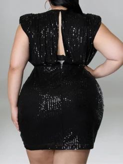 Women‘s Plus Size Curve Party Dress Solid Color V Neck Sequins Short Sleeve Spring Summer Sequins Prom Dress Short Mini Dress Party Back To School Dress Sequin Dress Homecoming Dress -HANs Plus Size Style Shop rcpntc1652866156401