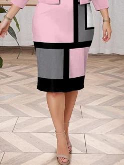 Women's Plus Size Curve Casual Dress Dress Set Two Piece Dress Geometric Plaid Midi Dress Long Sleeve Print Crew Neck Fashion Outdoor Pink Fall Winter L XL XXL 3XL 4XL -HANs Plus Size Style Shop rcuxav1697778371452