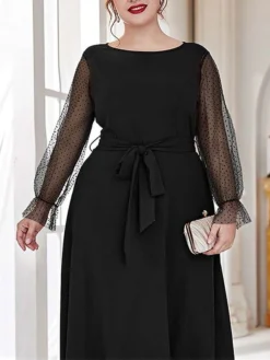 Women's Plus Size Prom Dress Party Dress Wedding Guest Dress Long Dress Maxi Dress Black Brown Long Sleeve Pure Color Lace Up Fall Winter Autumn Crew Neck Fashion Winter Dress Evening Party Wedding -HANs Plus Size Style Shop rczcor1693535306061
