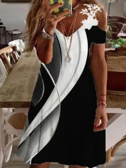 Women‘s Plus Size Curve Casual Dress Lace Design Color Block Stripe Midi Dress Short Sleeve V Neck Fashion Daily Black Summer Dress Spring Dress