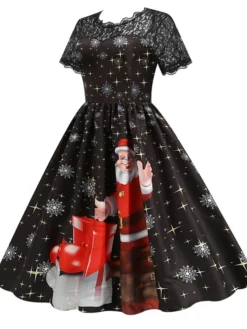 Women's Christmas Knee Length Dress Blue Purple Wine Green Black Red Short Sleeve Print Lace Print Fall Winter Round Neck CasualRegular Fit 2021 S M L XL XXL 3XL -HANs Plus Size Style Shop rdlexo1632737573937