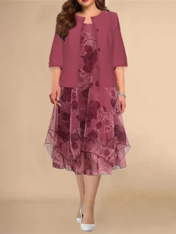 Women's Plus Size Curve Two Piece Dress Set Casual Dress Print Dress Outdoor Daily Fashion Elegant Layered Print Midi Dress Crew Neck 3/4 Length Sleeve Floral Fuchsia Spring Fall L XL XXL 3XL 4XL