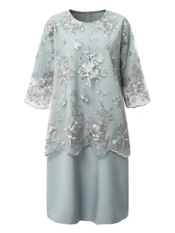 Women's Plus Size Curve Wedding Guest Dress Lace A Line Dress Floral Round Neck Lace 3/4 Length Sleeve Spring Summer Casual Mother‘s Day Knee Length Dress Daily Holiday Dress -HANs Plus Size Style Shop rdtncu1693288347646