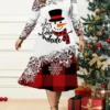 Women's Christmas Plus Size Curve Casual Dress Skater Dress A Line Dress Plaid Snowman Midi Dress Long Sleeve Print Crew Neck Fashion Outdoor Black White Fall Winter L XL XXL 3XL 4XL