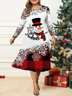 Women's Christmas Plus Size Curve Casual Dress Skater Dress A Line Dress Plaid Snowman Midi Dress Long Sleeve Print Crew Neck Fashion Outdoor Black White Fall Winter L XL XXL 3XL 4XL
