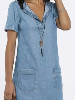 Women's Denim Dress Shirt Dress Mini Dress Date Vacation Going Out Denim Stylish Modern V Neck Pocket Short Sleeve Summer Spring 2023 Regular Fit Dark Blue Light Blue Pure Color S M L XL XXL -HANs Plus Size Style Shop rejoyr1648606799273