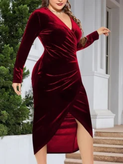 Women's Plus Size Party Dress Velvet Dress Cocktail Dress Midi Dress Black Wine Dark Green Long Sleeve Pure Color Ruched Spring Fall Winter V Neck Fashion Winter Dress Wedding Guest Birthday 2023 XL -HANs Plus Size Style Shop retncx1692000439146