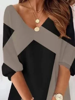 Women‘s T Shirt Dress Tee Dress Mini Dress Black Half Sleeve Color Block Patchwork Print Summer Spring V Neck Vacation Casual 2023 S M L XL XXL 3XL -HANs Plus Size Style Shop reyado1652773108788