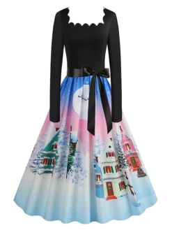 Women's Christmas Vintage Dress Swing Dress Mini Dress Black Pink Dark Blue Red Navy Blue Light Blue Long Sleeve Santa Claus Elk Snowman With Belt Print Winter Fall Square Neck 2022 S M L XL -HANs Plus Size Style Shop rfgfha1666676136515
