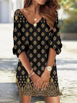 Women's Casual Dress Sweatshirt Dress Print Dress Floral Geometric Print V Neck Mini Dress Fashion Streetwear Outdoor Daily 3/4 Length Sleeve Loose Fit Black Dark Red Yellow Fall S M L XL XXL -HANs Plus Size Style Shop rfhljh1694422053170