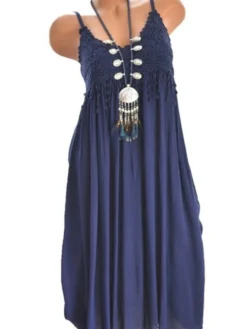 Women‘s Plus Size Curve Strap Casual Dress Solid Color V Neck Lace Sleeveless Spring Summer Dress Mini Dress Daily Fashion Loose Fit -HANs Plus Size Style Shop rflpol1696941812668