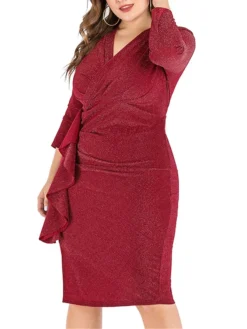 Women‘s Plus Size Curve Work Dress Sheath Dress Semi Formal Dress Fashion Midi Dress Ruffle V Neck Long Sleeve Plain Regular Fit Black Wine Fall Winter XL XXL 3XL 4XL 5XL -HANs Plus Size Style Shop rfvnqr1691401477101