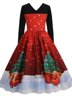 Women's Christmas Swing Dress Midi Dress Black Long Sleeve Santa Claus Print Winter Fall Autumn Crew Neck Modern 2022 S M L XL 2XL 3XL -HANs Plus Size Style Shop rgtgha1667980618347