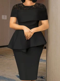 Women‘s Plus Size Curve Party Dress Solid Color Crew Neck Lace Short Sleeve Spring Fall Work Elegant Formal Knee Length Dress Formal Party Dress