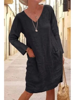 Women's Linen Dress Shift Dress Knee Length Dress Black Yellow Khaki Long Sleeve Pure Color Winter Fall V Neck Basic Winter Dress Weekend Fall Dress Loose Fit 2023 S M L XL XXL 3XL 4XL 5XL -HANs Plus Size Style Shop rhhwqx1596614385640