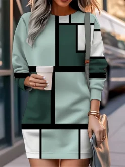 Women's Casual Dress Sweatshirt Dress Mini Dress Warm Fashion Outdoor Vacation Going Out Crew Neck Print Geometric Loose Fit Pink Blue Purple S M L XL XXL -HANs Plus Size Style Shop rhimxw1694576824811