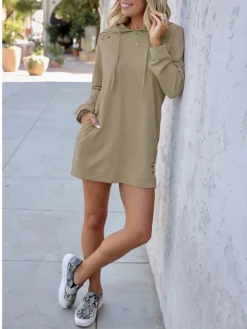 Women's Casual Dress Hoodie Dress Mini Dress Fashion Daily Outdoor Vacation Going Out Hoodie Print Pure Color Loose Fit Pink Khaki Army Green S M L XL -HANs Plus Size Style Shop rhqfmv1695024143958