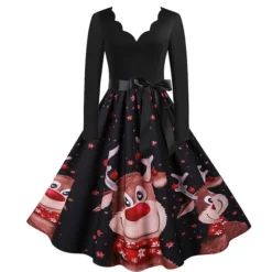 Women's Christmas Knee Length Dress Gray White Black Red Brown Long Sleeve Print Bow Print Fall Winter V Neck Casual Vintage2021 S M L XL XXL 3XL -HANs Plus Size Style Shop rhynxr1629971759593