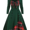 Women‘s Christmas Swing Dress Plaid Dress Vintage Dress Midi Dress Green Long Sleeve Plaid Button Winter Fall Spring Square Neck Modern Vacation 2022 S M L XL XXL 3XL
