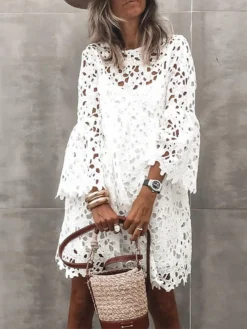 Women‘s Sheath Dress Mini Dress White Red Long Sleeve Solid Color Lace Hollow To Waist Spring Summer Round Neck Elegant Romantic Flare Cuff Sleeve 2023 S M L XL XXL