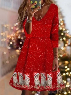 Women's Christmas Swing Dress Vintage Dress Mini Dress Wine Light Red Dark Blue Long Sleeve Deer Patchwork Winter Fall Autumn V Neck Vacation 2022 S M L XL XXL 3XL 4XL 5XL 6XL -HANs Plus Size Style Shop rigdva1667904077545