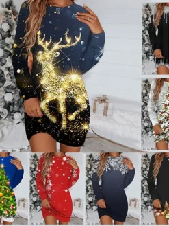 Women's Christmas Sweatshirt Dress Shift Dress Sweat Dress Mini Dress Silver Green Black Long Sleeve Elk Print Winter Fall Autumn Round Neck Fashion Christmas Daily Loose Fit 2022 S M L XL XXL 3XL