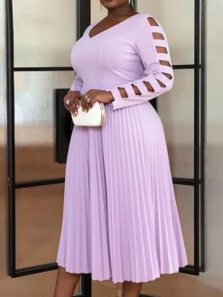 Women's Plus Size Curve Party Dress Work Dress Swing Dress Plain Midi Dress Long Sleeve Pleated Cut Out V Neck Fashion Party Purple Fall Winter XL XXL 3XL 4XL -HANs Plus Size Style Shop rjiysx1694165772870