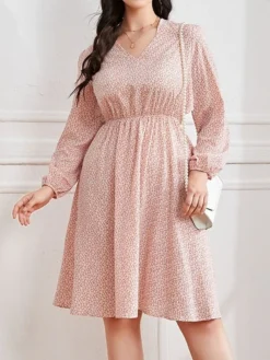 Women's Plus Size Curve Casual Dress Chiffon Dress A Line Dress Floral Midi Dress Long Sleeve Print V Neck Fashion Daily Pink Fall Winter L XL XXL 3XL 4XL -HANs Plus Size Style Shop rjminx1694151476647