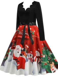 Women's Christmas Casual Dress Swing Dress Midi Dress Green Wine Light Red Fuchsia Red Long Sleeve Santa Claus Elk Bow Print Winter Fall V Neck Vacation Vintage 2022 S M L XL XXL 3XL -HANs Plus Size Style Shop rjnnqt1666761911526