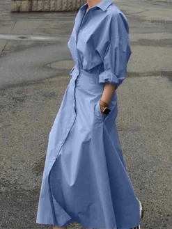 Women's Shirt Dress Casual Dress Maxi Long Dress Outdoor Daily Vacation Cotton Basic Classic Shirt Collar Button Long Sleeve Summer Spring Fall 2023 Loose Fit Black Sky Blue Khaki Pure Color S M L XL -HANs Plus Size Style Shop rjqztv1680164636823
