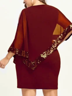 Women‘s Plus Size Curve Sequin Dress Work Dress Sheath Dress Solid Color Mini Dress Long Sleeve Crew Neck Fashion Evening Party Black Yellow Summer Spring L XL XXL 3XL 4XL -HANs Plus Size Style Shop rjxond1677036576574