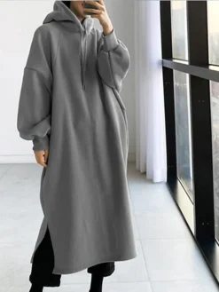 Women's Casual Dress Hoodie Dress Winter Dress Midi Dress Split Outdoor Daily Going Out Fashion Streetwear Hooded Long Sleeve 2023 Loose Fit Black Green Army Green Color S M L XL XXL Size