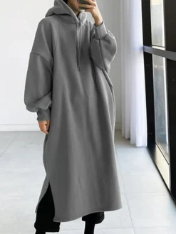 Women's Casual Dress Hoodie Dress Long Dress Maxi Dress Active Daily Outdoor Holiday Vacation Hoodie Solid Color Loose Fit ArmyGreen Black Green S M L XL XXL