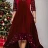 Women's Plus Size Curve Party Dress Wine Red Velvet Dress Sequin Dress Plain Long Dress Maxi Dress Half Sleeve Cut Out Plus High Low