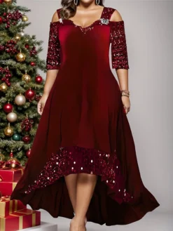Women's Plus Size Curve Party Dress Wine Red Velvet Dress Sequin Dress Plain Long Dress Maxi Dress Half Sleeve Cut Out Plus High Low