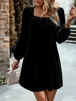 Women's Casual Dress Velvet Dress Plain Dress Mini Dress Ruched Pleated Party Holiday Date Vintage Elegant Square Neck Long Sleeve 2023 Slim Black Pink Wine Color S M L XL Size -HANs Plus Size Style Shop rkohgm1692340911222