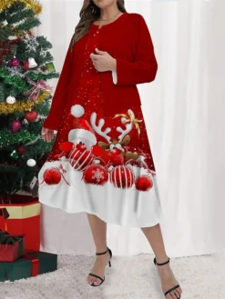 Women's Plus Size Curve Casual Dress Dress Set Two Piece Dress Santa Claus Elk Midi Dress Long Sleeve Print Crew Neck Fashion Outdoor White Red Fall Winter L XL XXL 3XL 4XL