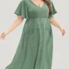 Women's Plus Size Curve Party Dress Cocktail Dress Wedding Guest Dress Midi Dress Green Short Sleeve Pure Color Lace Summer Spring Fall V Neck Fashion Birthday Wedding Guest Vacation XL XXL 3XL 4XL