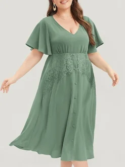 Women's Plus Size Curve Party Dress Cocktail Dress Wedding Guest Dress Midi Dress Green Short Sleeve Pure Color Lace Summer Spring Fall V Neck Fashion Birthday Wedding Guest Vacation XL XXL 3XL 4XL