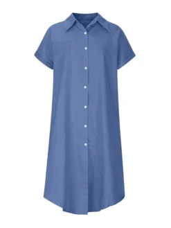 Women's Casual Dress Denim Shirt Dress Midi Dress Denim Fashion Casual Outdoor Daily Vacation Shirt Collar Button Pocket Short Sleeve Summer Spring Fall 2023 Loose Fit Navy Blue Blue Sky Blue Plain S -HANs Plus Size Style Shop rksntf1675073413589