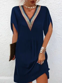 Women's Casual Dress Summer Dress Plain Dress Mini Dress Patchwork Daily Going Out Weekend Fashion Basic V Neck Short Sleeve 2023 Loose Fit Black Red Blue Color S M L XL XXL Size -HANs Plus Size Style Shop rleabg1688030962629