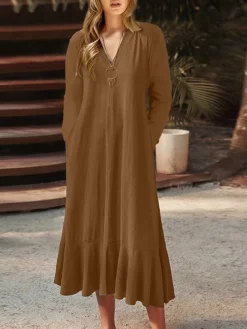 Women's Plus Size Curve Casual Dress Swing Dress A Line Dress Solid Color Midi Dress Long Sleeve Pocket V Neck Basic Outdoor Black Wine Fall Winter L XL XXL 3XL 4XL -HANs Plus Size Style Shop rlqyft1693533335881