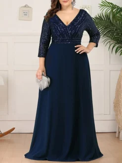 Women's Plus Size Curve Party Dress Sequin Dress Chiffon Dress Plain Long Dress Maxi Dress 3/4 Length Sleeve Patchwork V Neck Fashion Party Navy Blue Fall Winter L XL XXL 3XL 4XL -HANs Plus Size Style Shop rmlaqr1697193155639