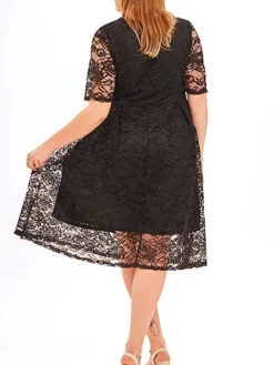 Women‘s Plus Size Curve Party Dress Lace Dress Cocktail Dress Midi Dress Black Pink Wine Half Sleeve Pure Color Lace Summer Spring Fall V Neck Fashion Birthday Wedding Guest Vacation 2023 -HANs Plus Size Style Shop rmlzzs1691564494592