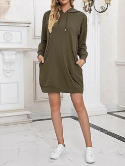 Women's Casual Dress Hoodie Dress Shift Dress Mini Dress Pocket Outdoor Street Daily Active Fashion Hooded Long Sleeve 2023 Loose Fit Black Wine Army Green Color S M L XL XXL Size -HANs Plus Size Style Shop rmsijw1693558125940