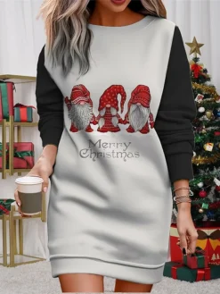 Women's Christmas Casual Dress Sweatshirt Dress Mini Dress Warm Fashion Outdoor Vacation Crew Neck Print Geometric Santa Claus Loose Fit Black Red Burgundy S M L XL XXL -HANs Plus Size Style Shop rmtvpc1695365430489