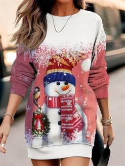 Women's Christmas Casual Dress Sweatshirt Dress Mini Dress Warm Fashion Outdoor Vacation Crew Neck Print Snowman Loose Fit Pink Red Green S M L XL XXL -HANs Plus Size Style Shop rmxpoh1695365422418