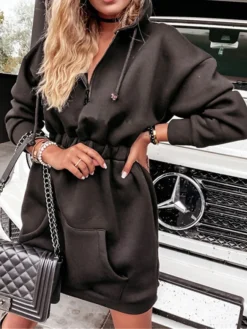 Women's Casual Dress Hoodie Dress Mini Dress Active Fashion Outdoor Going Out Weekend Hoodie Zipper Pocket Solid Color Loose Fit Black White Fuchsia S M L XL XXL -HANs Plus Size Style Shop rnejtj1695781024288