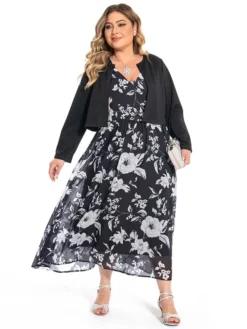 Women‘s Plus Size Curve Two Piece Dress Set Casual Dress Chiffon Dress Outdoor Daily Fashion Elegant Print Long Dress Maxi Dress V Neck Long Sleeve Floral Regular Fit Black Summer Spring -HANs Plus Size Style Shop rnjnkw1694770878315