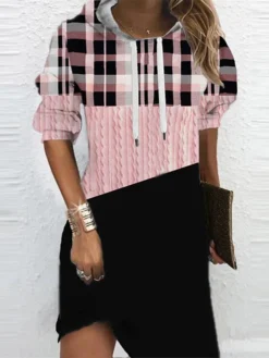 Women‘s Christmas Hoodie Dress Shift Dress Mini Dress Blue Pink Fuchsia Long Sleeve Plaid Print Fall Spring Hooded Daily Vacation Loose Fit 2022 S M L XL XXL 3XL -HANs Plus Size Style Shop rnnpin1667470116965
